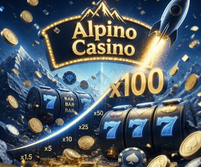 Casino Alpino: illustrazione con rulli, monete e montagne innevate