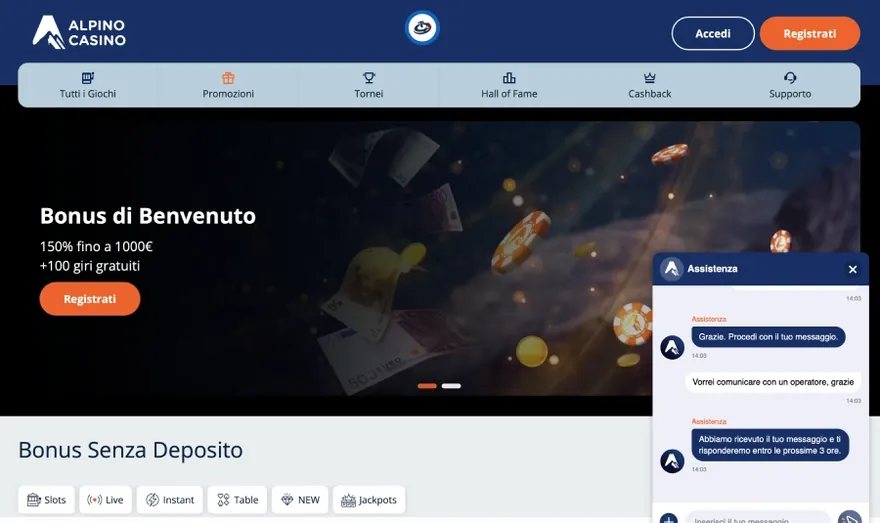 Home di Casino Alpino con banner di benvenuto e titolo Bonus Senza Deposito sopra le categorie di gioco