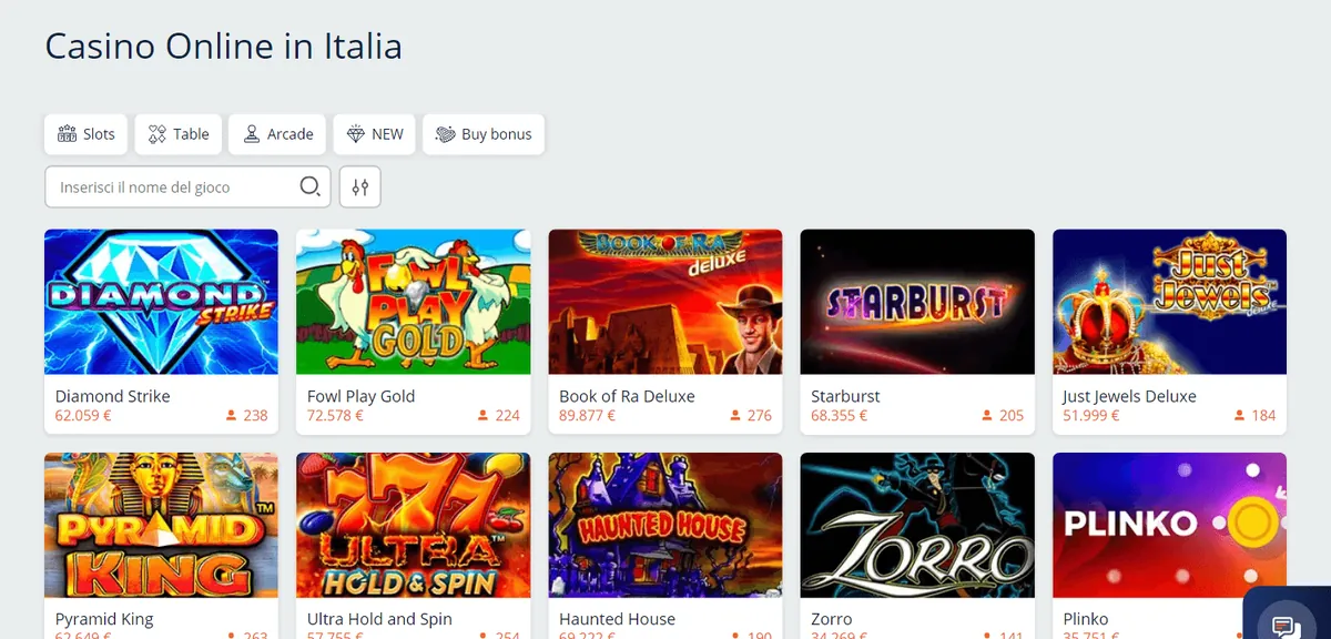 Slot nella lobby di Casino Alpino: Diamond Strike, Fowl Play Gold, Book of Ra Deluxe, Starburst e Plinko