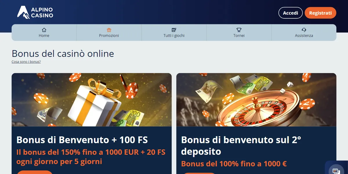 Pagina promozioni del sito di Casino Alpino con menu a schede e bonus di benvenuto