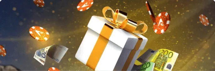 Grafica del bonus di benvenuto di Casino Alpino con pacco regalo e fiches