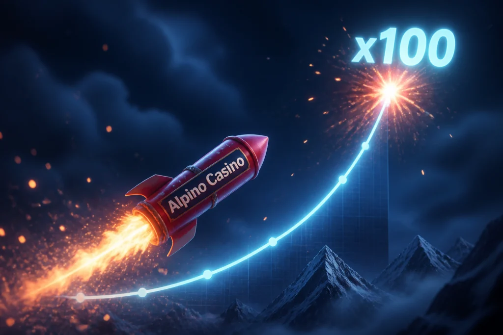 Schermata del crash game Aviator su Alpino Casino con il razzo sulla curva del moltiplicatore a x100