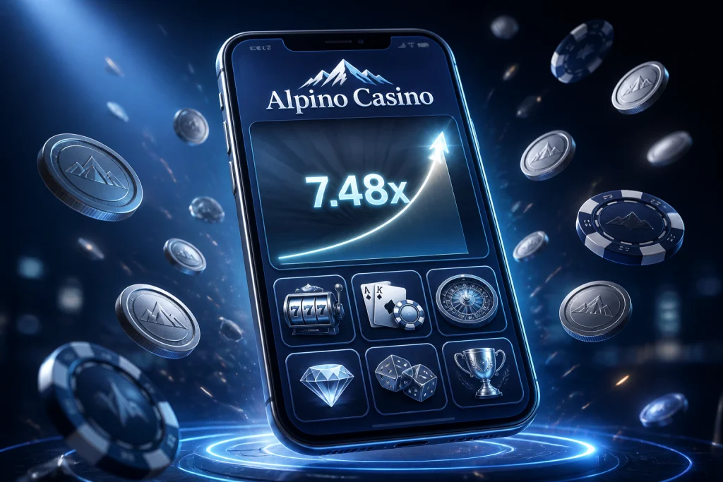 App mobile di Alpino Casino con riquadri dei giochi e un moltiplicatore crash che si illumina sullo schermo
